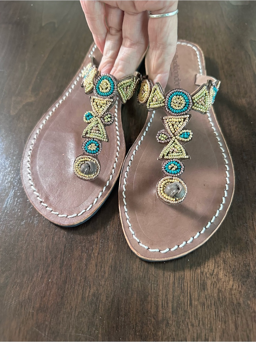 Free People Laidback London Beaded T Strap Brown Leather Sandals Gold Green 38 7
